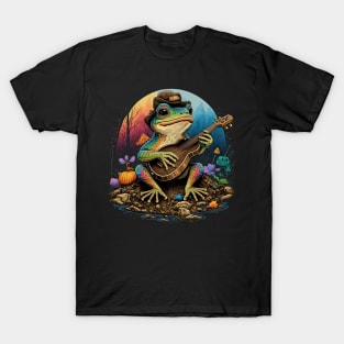 Cottagecore aesthetic cute frog playing ukelele on Mushroom T-Shirt